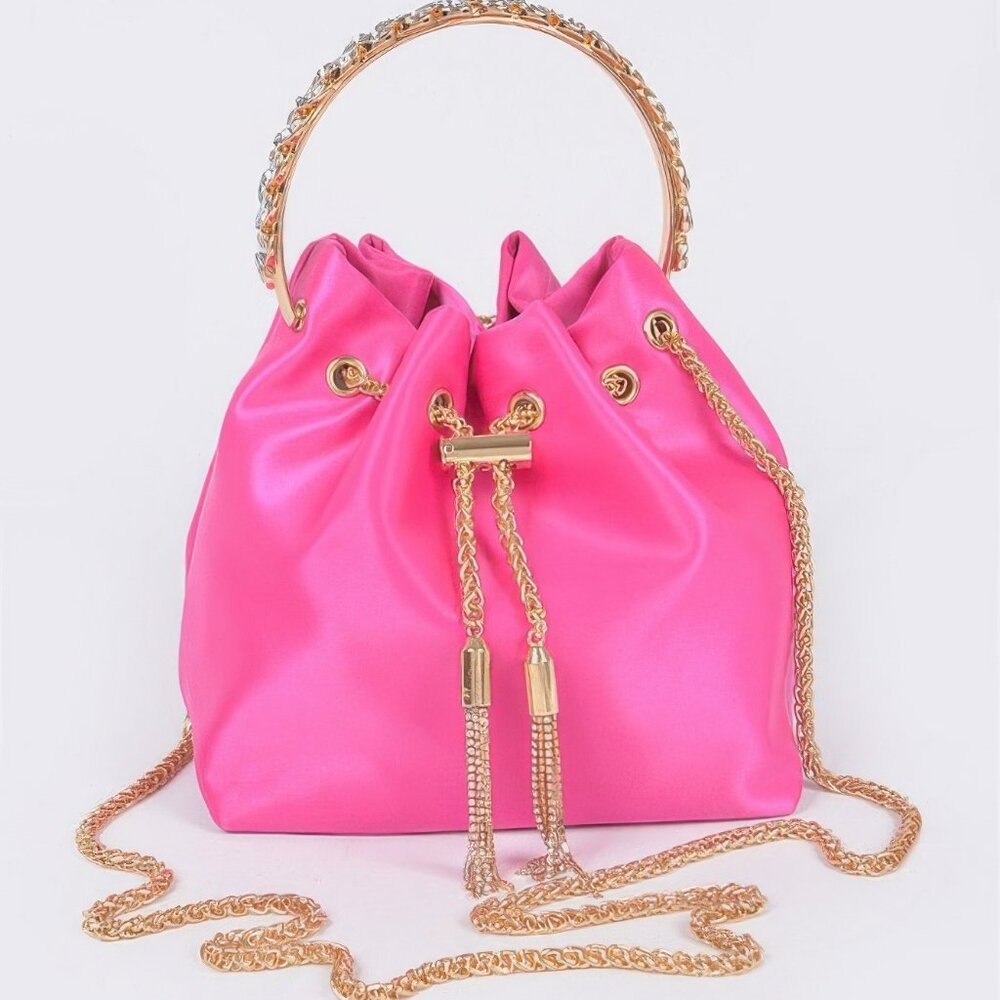 Rhinestone Top Handle Satin Bucket Bag
